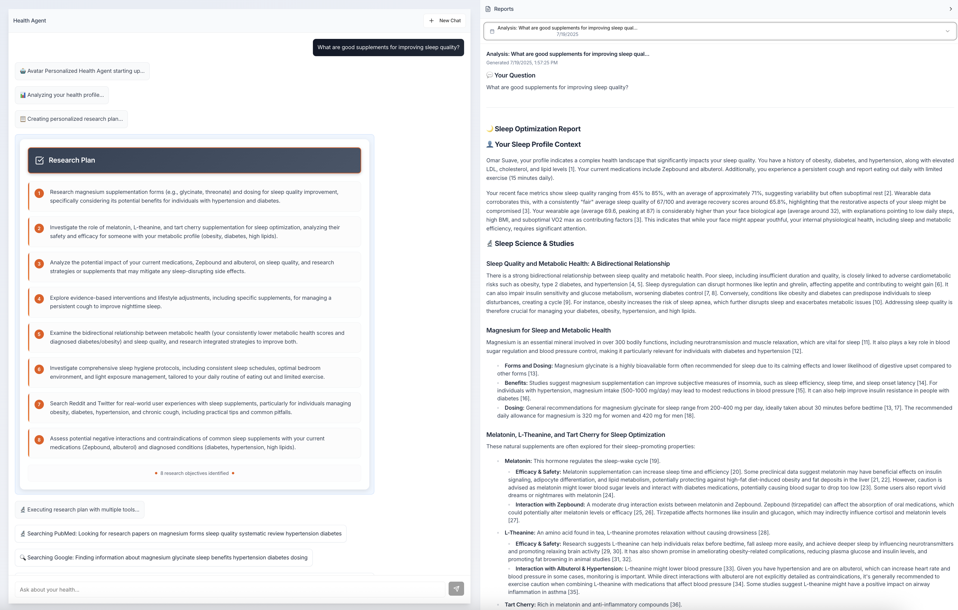Deep research agent interface showing research plan and analysis